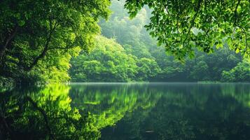 Green forest and lake reflection photo