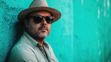 A man wearing a hat and sunglasses leaning against a green wall photo