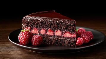 A piece of chocolate cake with raspberries on top photo