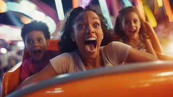 A woman and two children are having fun on a roller coaster photo