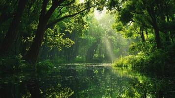 un río en el medio de un verde bosque foto