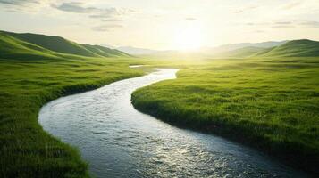 A river flowing through a green field photo