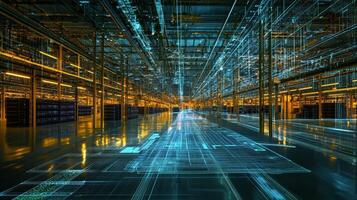 A large industrial building with a lot of machinery and wires photo