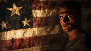 A man is standing in front of an american flag photo