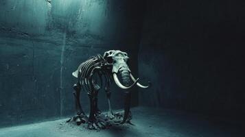 A skeleton of an elephant is standing in a dark room photo