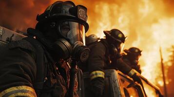 Three firefighters are wearing gas masks photo