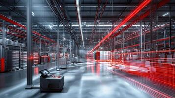 A warehouse with a conveyor belt and a machine with a red light on it photo