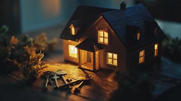 A small house with a key on the table next to it photo