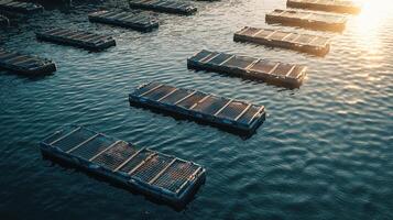 A row of floating platforms are in the water photo