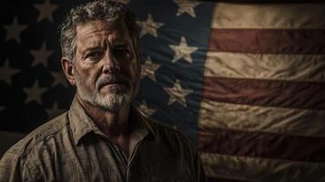A man with a beard standing in front of an american flag photo