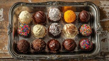 A tray of assorted chocolates on a wooden table photo