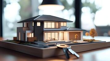 A model of a house with a key on the table photo