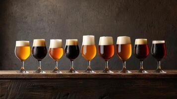 A row of beer glasses lined up on a wooden table photo
