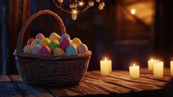 A basket full of Easter eggs sits on a wooden table with candles photo