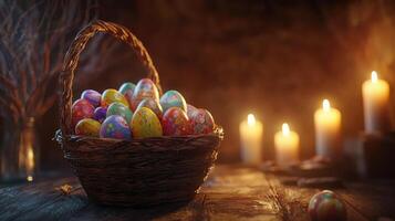 A basket full of Easter eggs is sitting on a wooden table photo