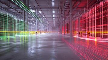 A large, empty warehouse with a neon green, red photo