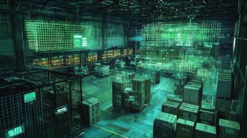 A warehouse with a lot of boxes and a green screen photo