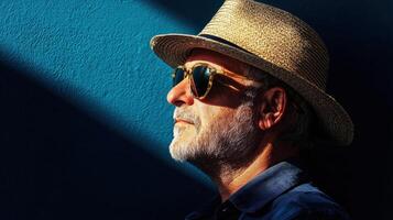 A man wearing a hat and sunglasses against a blue wall photo
