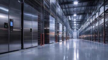 A large industrial building with many stainless steel refrigerators photo