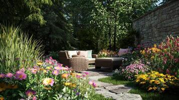 A garden with a brick wall and a wooden bench photo