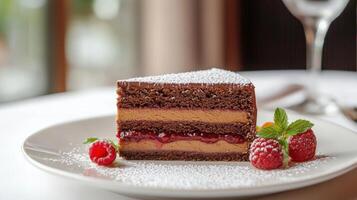A slice of chocolate cake with whipped cream and raspberries on top photo