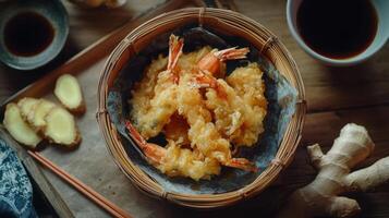 A bowl of fried shrimp with ginger and soy sauce photo