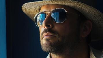 A man wearing sunglasses and a hat photo