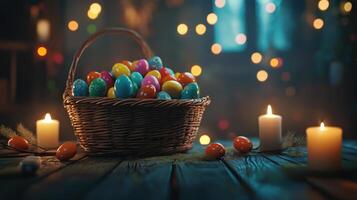 A basket full of colorful Easter eggs sits on a wooden table next to two candles photo