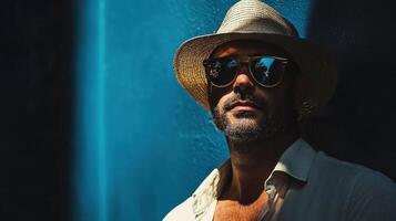 A man wearing a hat and sunglasses photo