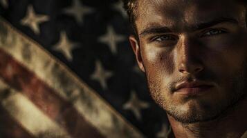 A man in uniform with an american flag in the background photo