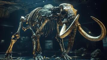 A mammoth skeleton is on display in a museum photo