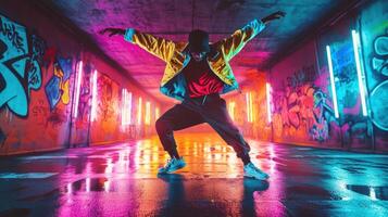 A man in a neon jacket and sneakers dancing in a graffiti - filled tunnel photo