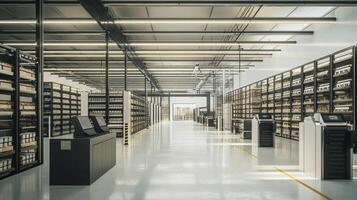 A large warehouse with shelves and shelves photo