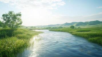 A river running through a grassy field photo
