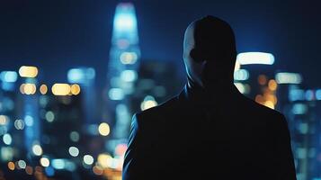 A man in a hoodie stands in front of a city at night photo