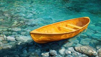 A painting of a yellow boat floating on the water photo