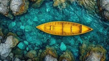 An aerial view of a yellow boat floating in the water photo
