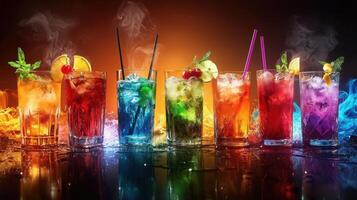 A row of colorful drinks with smoke and ice photo
