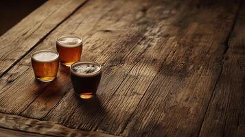 Three glasses of beer on a wooden table photo