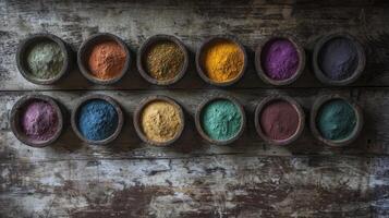 Colorful powders in bowls on a wooden table photo