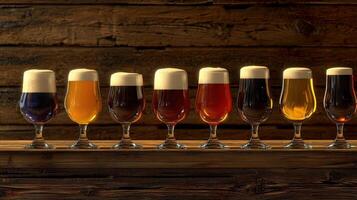 A row of beer glasses lined up on a table photo