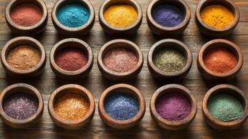 Colorful powders in wooden bowls on a wooden table photo