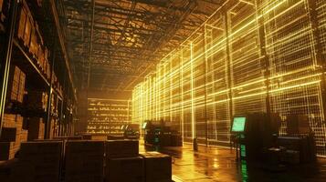 A warehouse with many boxes and lights photo