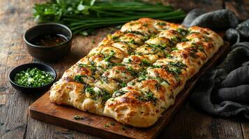 A bread with cheese and herbs on a wooden board photo
