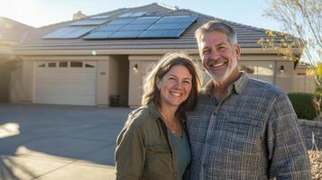 A man and woman standing in front of a house with solar panels on the roof photo