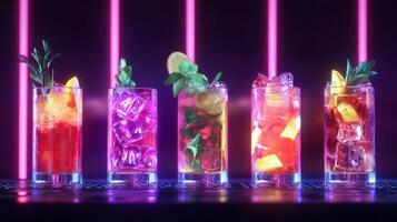 A row of colorful cocktails in front of neon lights photo