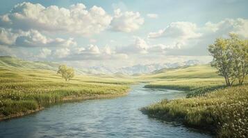 A river runs through a green field with trees and grass photo
