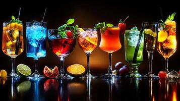 A group of different colored drinks in glasses photo