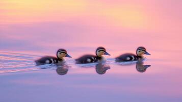Three ducks swimming in the water at sunset photo