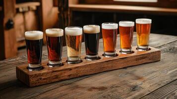 A wooden tray with six different types of beer photo